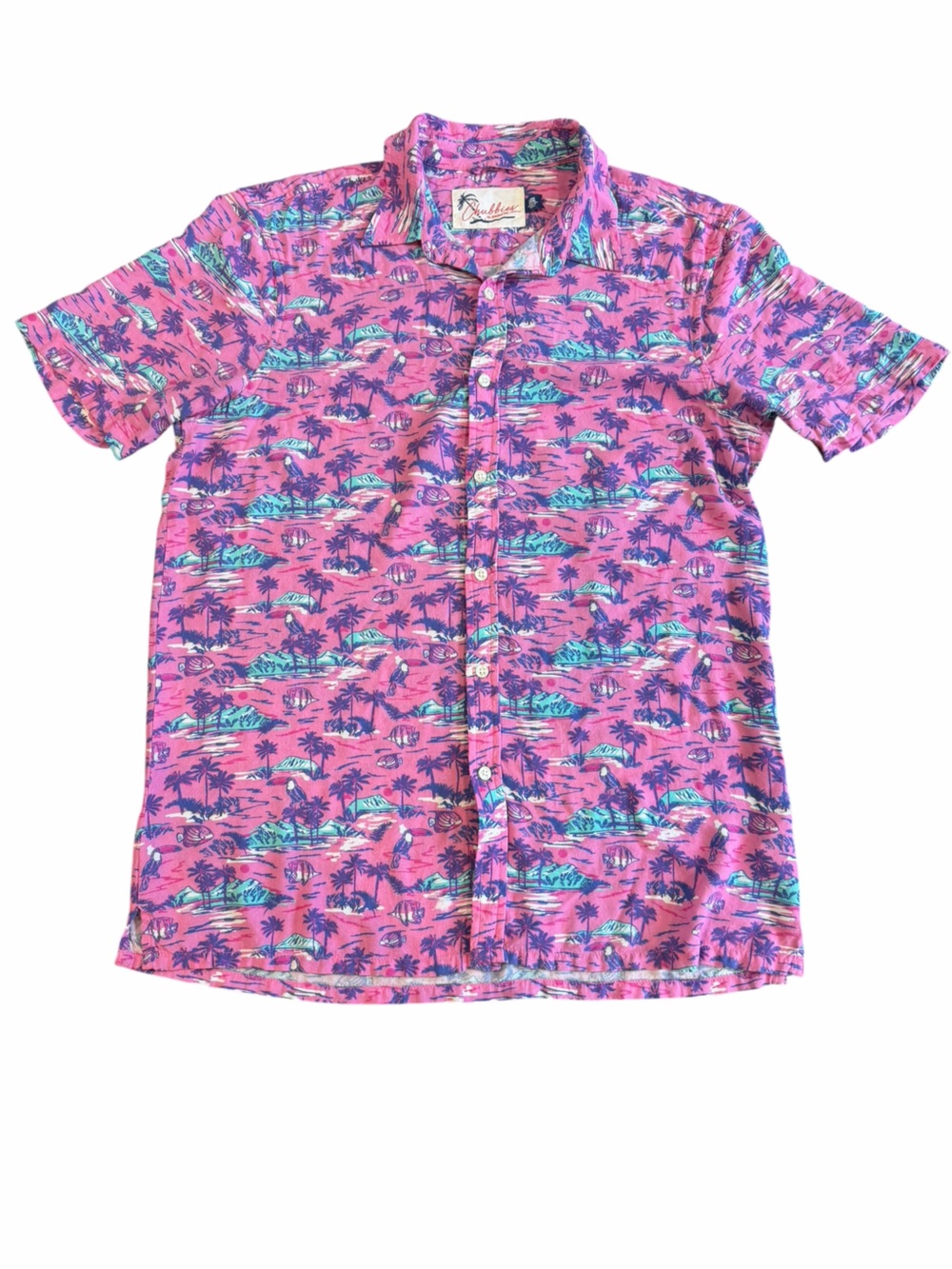 Chubbies Pink Tropical Hawaiian Button Down Shirt Large Palm Surf
